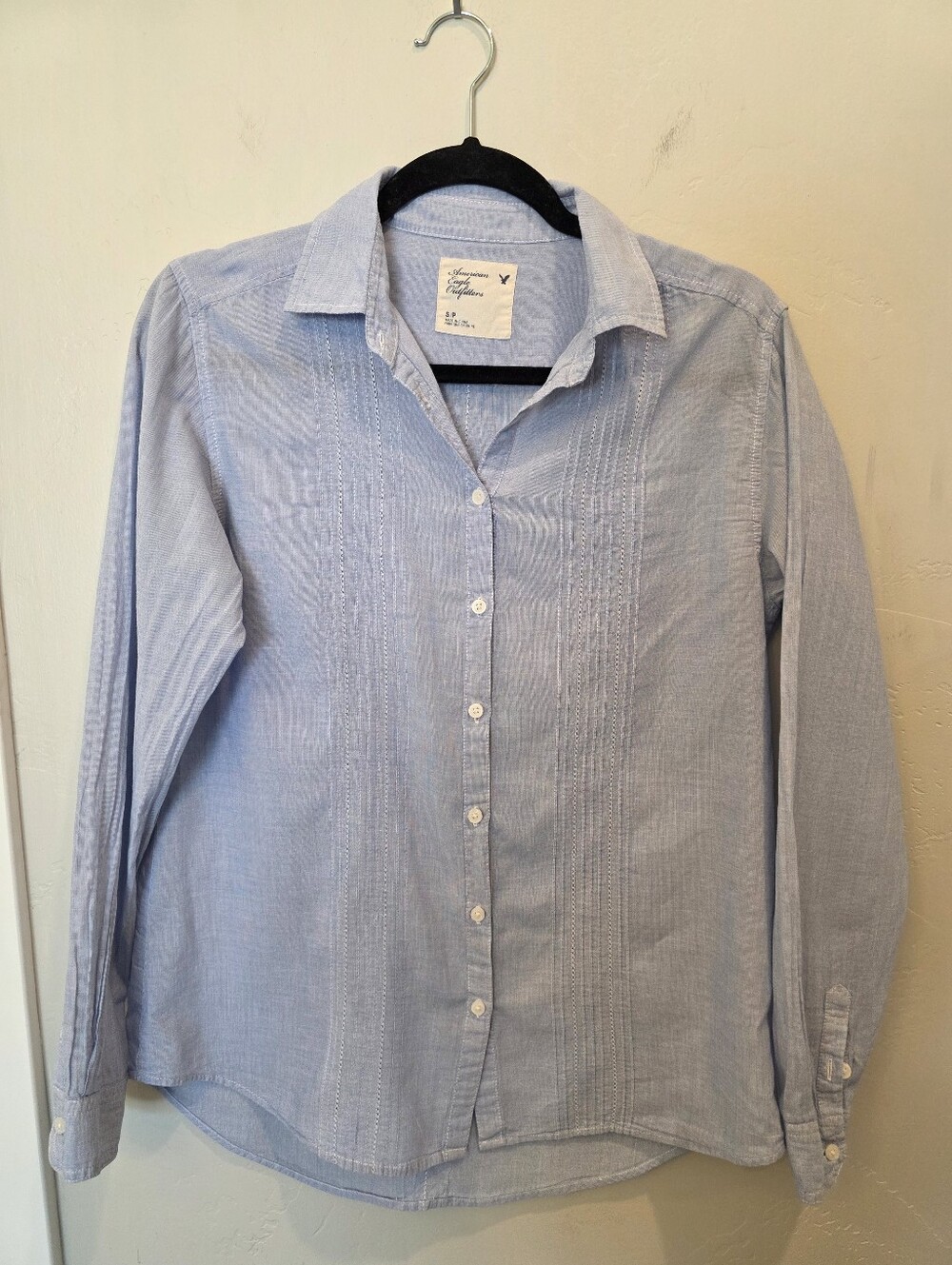 American Eagle Blue Pintuck Eyelet Lace Button Down Shirt Top Size S